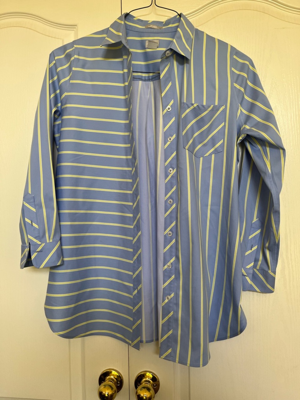 Chico's Blue and Yellow Striped Button Front Shirt Size 1 - Picture 3 of 9